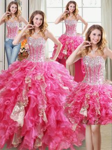 Four Piece Hot Pink Quinceanera Dresses Military Ball and Sweet 16 and Quinceanera and For with Beading and Ruffles and Sequins Sweetheart Sleeveless Lace Up