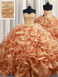 Dazzling Champagne Lace Up Quinceanera Gowns Beading and Ruffles and Pick Ups Sleeveless Court Train