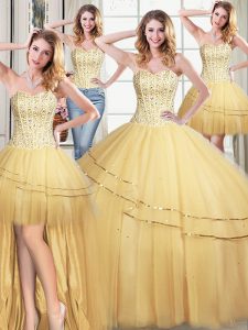 Four Piece Sweetheart Sleeveless Tulle Quinceanera Gowns Beading and Sequins Lace Up