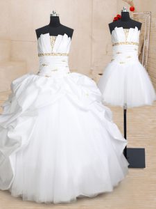 Three Piece Pick Ups Floor Length Ball Gowns Sleeveless White Quinceanera Dress Lace Up