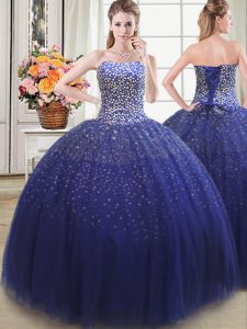 Elegant Royal Blue Ball Gowns Sweetheart Sleeveless Tulle Floor Length Lace Up Beading 15th Birthday Dress