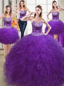 Custom Designed Four Piece Tulle Sleeveless Floor Length Quinceanera Dress and Beading and Ruffles