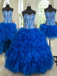 Four Piece Royal Blue Lace Up Sweetheart Beading and Ruffles Quinceanera Gowns Organza Sleeveless