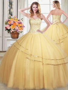 Sequins Gold Sleeveless Tulle Lace Up Party Dress for Girls for Military Ball and Sweet 16 and Quinceanera