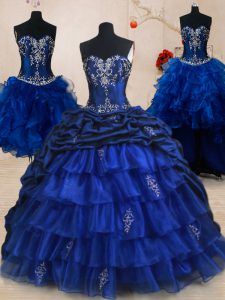 Attractive Four Piece Sleeveless Brush Train Beading and Ruffled Layers and Pick Ups Lace Up Vestidos de Quinceanera