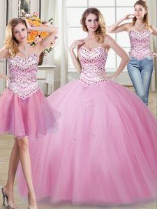 Three Piece Rose Pink Ball Gowns Tulle Sweetheart Sleeveless Beading Floor Length Lace Up Quince Ball Gowns