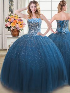 Artistic Ball Gowns Sweet 16 Quinceanera Dress Teal Sweetheart Tulle Sleeveless Floor Length Lace Up
