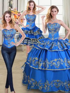 Three Piece Blue Ball Gowns Sweetheart Sleeveless Taffeta Floor Length Lace Up Beading and Embroidery and Ruffled Layers Vestidos de Quinceanera