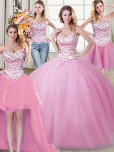 Four Piece Sweetheart Sleeveless Quince Ball Gowns Floor Length Beading Rose Pink Tulle