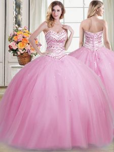 Delicate Sleeveless Floor Length Beading Lace Up Quinceanera Dress with Rose Pink
