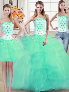 Comfortable Three Piece Strapless Sleeveless Tulle Sweet 16 Dresses Beading and Appliques and Ruffles Lace Up