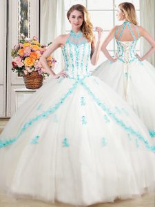 Halter Top Sleeveless Tulle Floor Length Lace Up 15 Quinceanera Dress in White with Beading and Appliques