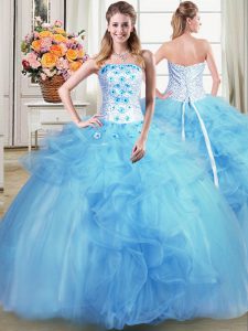 Strapless Sleeveless Tulle 15th Birthday Dress Beading and Appliques and Ruffles Lace Up