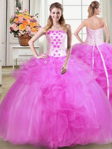 Sleeveless Floor Length Beading and Appliques and Embroidery Lace Up Quinceanera Gown with Fuchsia