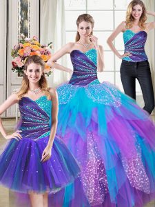 Three Piece Multi-color Tulle Lace Up Vestidos de Quinceanera Sleeveless Floor Length Beading and Ruffles