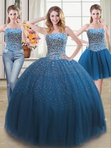 Popular Three Piece Teal Lace Up Sweetheart Beading 15th Birthday Dress Tulle Sleeveless