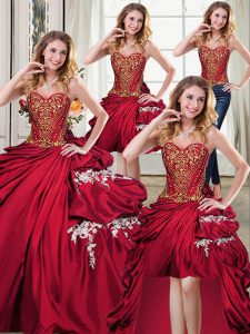 Custom Made Four Piece Pick Ups Wine Red Sleeveless Taffeta Lace Up Quinceanera Dresses for Military Ball and Sweet 16 and Quinceanera