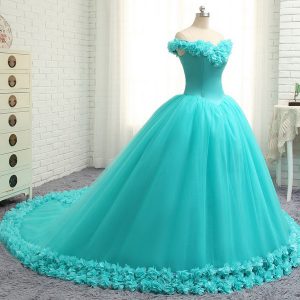 Off the Shoulder With Train Ball Gowns Cap Sleeves Aqua Blue Quinceanera Gowns Court Train Lace Up