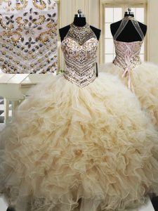 Halter Top Tulle Sleeveless Floor Length Quince Ball Gowns and Beading and Ruffles