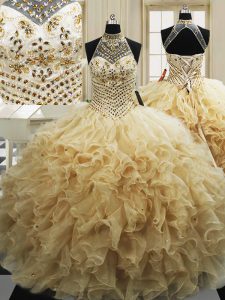 With Train Champagne Quinceanera Dress High-neck Sleeveless Sweep Train Lace Up