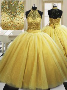 Sleeveless Sweep Train Lace Up With Train Beading Ball Gown Prom Dress