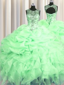 See Through Scoop Sleeveless Lace Up Sweet 16 Dress Apple Green Organza