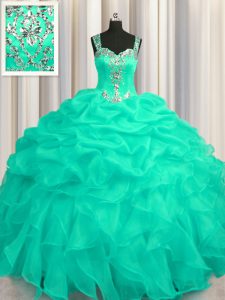 Adorable See Through Zipper Up Floor Length Ball Gowns Sleeveless Turquoise Sweet 16 Quinceanera Dress Zipper