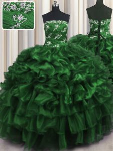 Attractive Dark Green Quinceanera Dresses For with Appliques and Ruffles and Ruffled Layers Strapless Sleeveless Lace Up