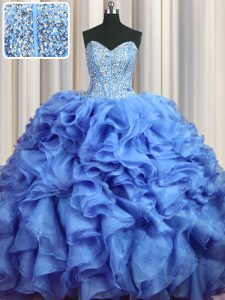 Visible Boning Bling-bling Sweetheart Sleeveless Quinceanera Gown With Brush Train Beading and Ruffles Baby Blue Organza