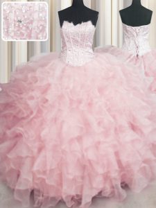 Visible Boning Scalloped Sleeveless Floor Length Beading and Ruffles Lace Up Quince Ball Gowns with Baby Pink