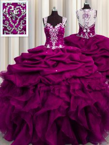 Excellent See Through Back Fuchsia Zipper Straps Beading and Ruffles and Sequins 15 Quinceanera Dress Organza Sleeveless