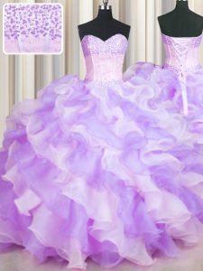 Elegant Two Tone Visible Boning Multi-color Organza Lace Up Sweetheart Sleeveless Floor Length Quinceanera Dresses Beading and Ruffles