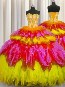 Elegant Bling-bling Visible Boning Ball Gowns Sweet 16 Dresses Multi-color Sweetheart Tulle Sleeveless Floor Length Lace Up