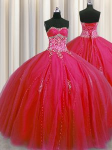 Luxury Big Puffy Sleeveless Floor Length Beading and Appliques Lace Up Sweet 16 Dresses with Red