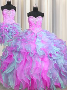 Cheap Three Piece Multi-color Ball Gowns Organza Sweetheart Sleeveless Beading and Ruffles Lace Up Party Dress