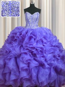 Sophisticated Bling-bling With Train Lavender Court Dresses for Sweet 16 Sweetheart Sleeveless Brush Train Lace Up