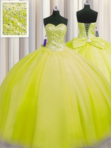 Pretty Really Puffy Yellow Green Lace Up Quinceanera Gowns Beading Sleeveless Floor Length