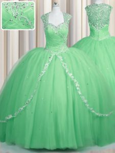 Brush Train Apple Green Ball Gowns Beading and Appliques Ball Gown Prom Dress Zipper Tulle Cap Sleeves