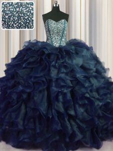 Visible Boning Bling-bling Sweetheart Sleeveless Brush Train Lace Up 15th Birthday Dress Navy Blue Organza