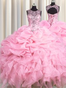 Elegant Scoop See Through Floor Length Baby Pink Sweet 16 Quinceanera Dress Organza Sleeveless Beading and Ruffles and Pick Ups