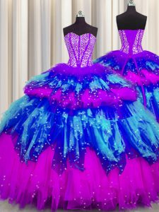 Discount Bling-bling Visible Boning Tulle Sleeveless Floor Length Quinceanera Gowns and Beading and Ruffles and Ruffled Layers and Sequins
