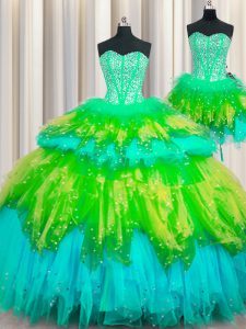 Customized Three Piece Visible Boning Sweetheart Sleeveless Lace Up 15 Quinceanera Dress Multi-color Tulle