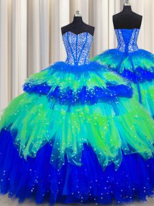 Bling-bling Visible Boning Tulle Sweetheart Sleeveless Lace Up Beading and Ruffles and Ruffled Layers and Sequins 15 Quinceanera Dress in Multi-color