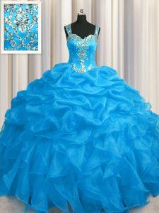 Edgy See Through Zipper Up Floor Length Zipper Quinceanera Dress Blue for Military Ball and Sweet 16 and Quinceanera with Appliques and Ruffles