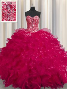 See Through Coral Red Quinceanera Gowns Military Ball and Sweet 16 and Quinceanera and For with Beading and Ruffles Sweetheart Sleeveless Lace Up