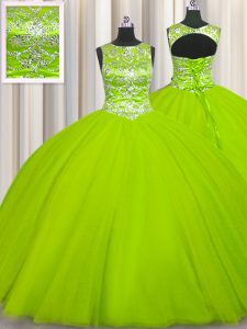 Scoop Yellow Green Sleeveless Beading Floor Length 15 Quinceanera Dress