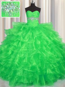 Trendy Green Lace Up Sweetheart Beading and Ruffled Layers Quince Ball Gowns Organza Sleeveless