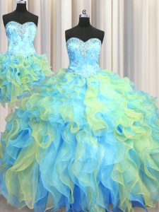 Adorable Three Piece Multi-color Organza Lace Up Quinceanera Gown Sleeveless Floor Length Beading and Appliques and Ruffles