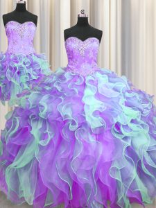 Wonderful Three Piece Multi-color Ball Gowns Organza Sweetheart Sleeveless Beading and Appliques Floor Length Lace Up Sweet 16 Dresses