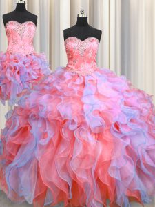 Three Piece Multi-color Organza Lace Up Sweetheart Sleeveless Floor Length Sweet 16 Dress Beading and Appliques and Ruffles